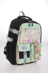 Roxbros Kore Tarzı Tavşan Çocuk Figürlü 180° Tam Açılır Ilkokul Sırt Çantası Kız Çocuk Okul Çantası (SIYAH - SU YESILI)