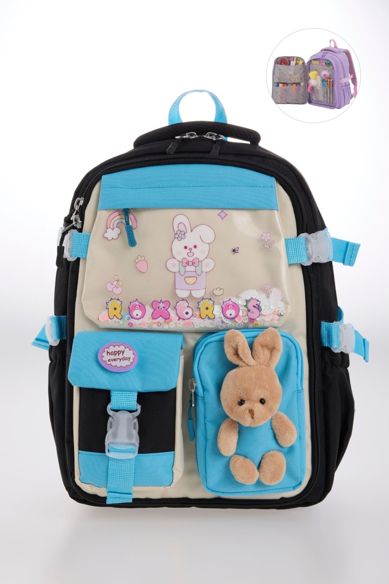 Roxbros Kore Tarzı Tavşan Çocuk Figürlü 180° Tam Açılır Ilkokul Sırt Çantası Kız Çocuk Okul Çantası (SIYAH - TURKUAZ)
