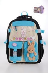 Roxbros Kore Tarzı Tavşan Çocuk Figürlü 180° Tam Açılır Ilkokul Sırt Çantası Kız Çocuk Okul Çantası (SIYAH - TURKUAZ)