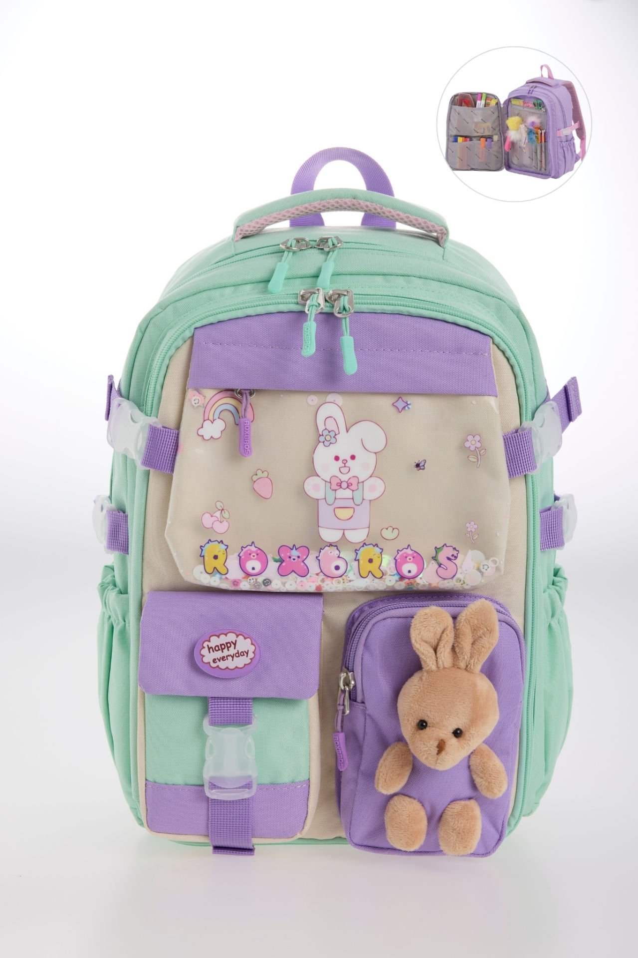 Roxbros Kore Tarzı Tavşan Çocuk Figürlü 180° Tam Açılır Ilkokul Sırt Çantası Kız Çocuk Okul Çantası (SU YESILI -LILA)