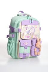 Roxbros Kore Tarzı Unicorn Figürlü Çok Bölmeli Ilkokul Sırt Çantası, Kız Çocuk Okul Çantası (SU YESILI - LILA)