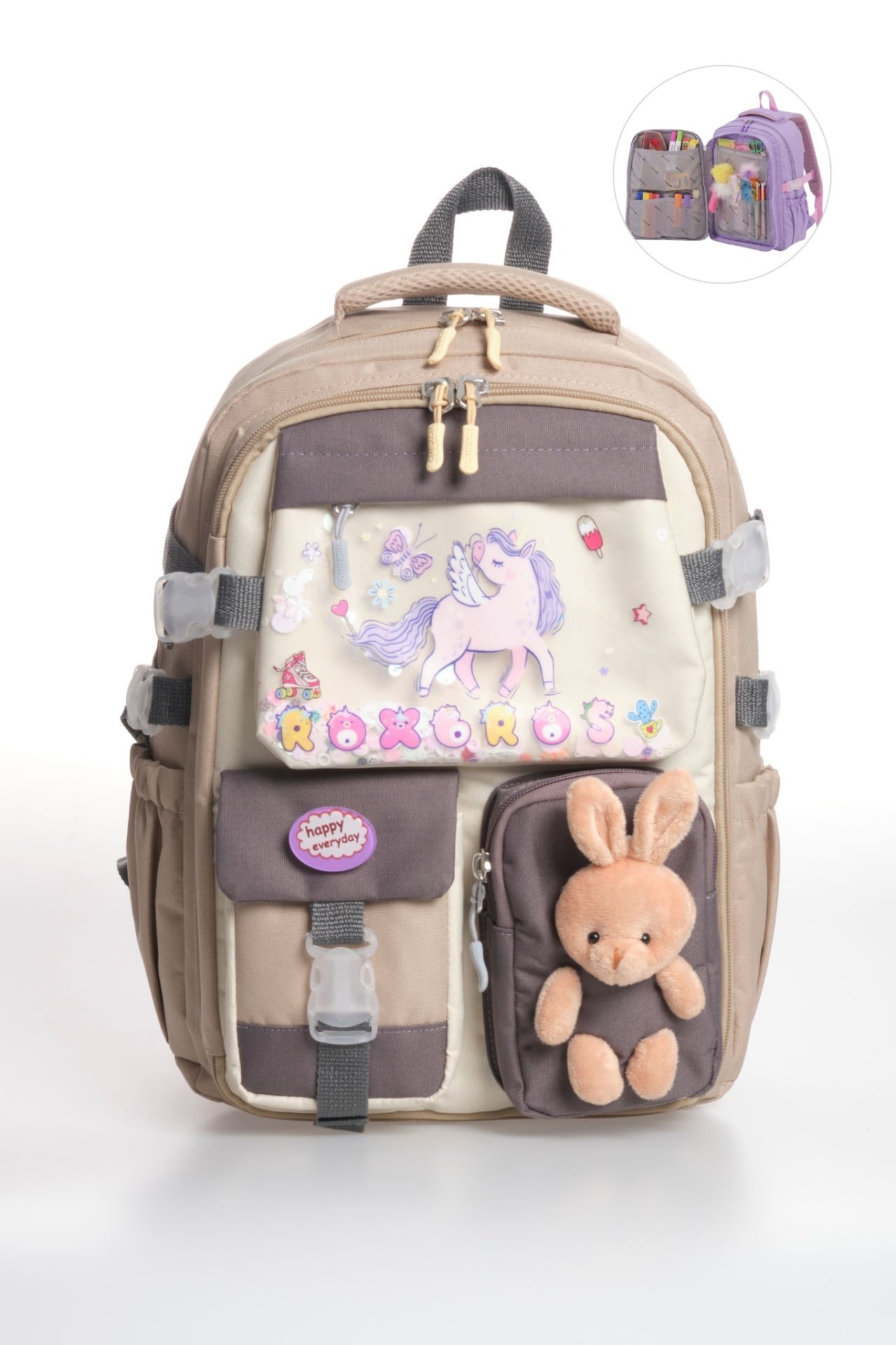 Roxbros Kore Tarzı Unicorn Figürlü Çok Bölmeli Ilkokul Sırt Çantası, Kız Çocuk Okul Çantası (BEJ - KAHVERENGI)