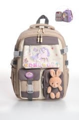 Roxbros Kore Tarzı Unicorn Figürlü Çok Bölmeli Ilkokul Sırt Çantası, Kız Çocuk Okul Çantası (BEJ - KAHVERENGI)