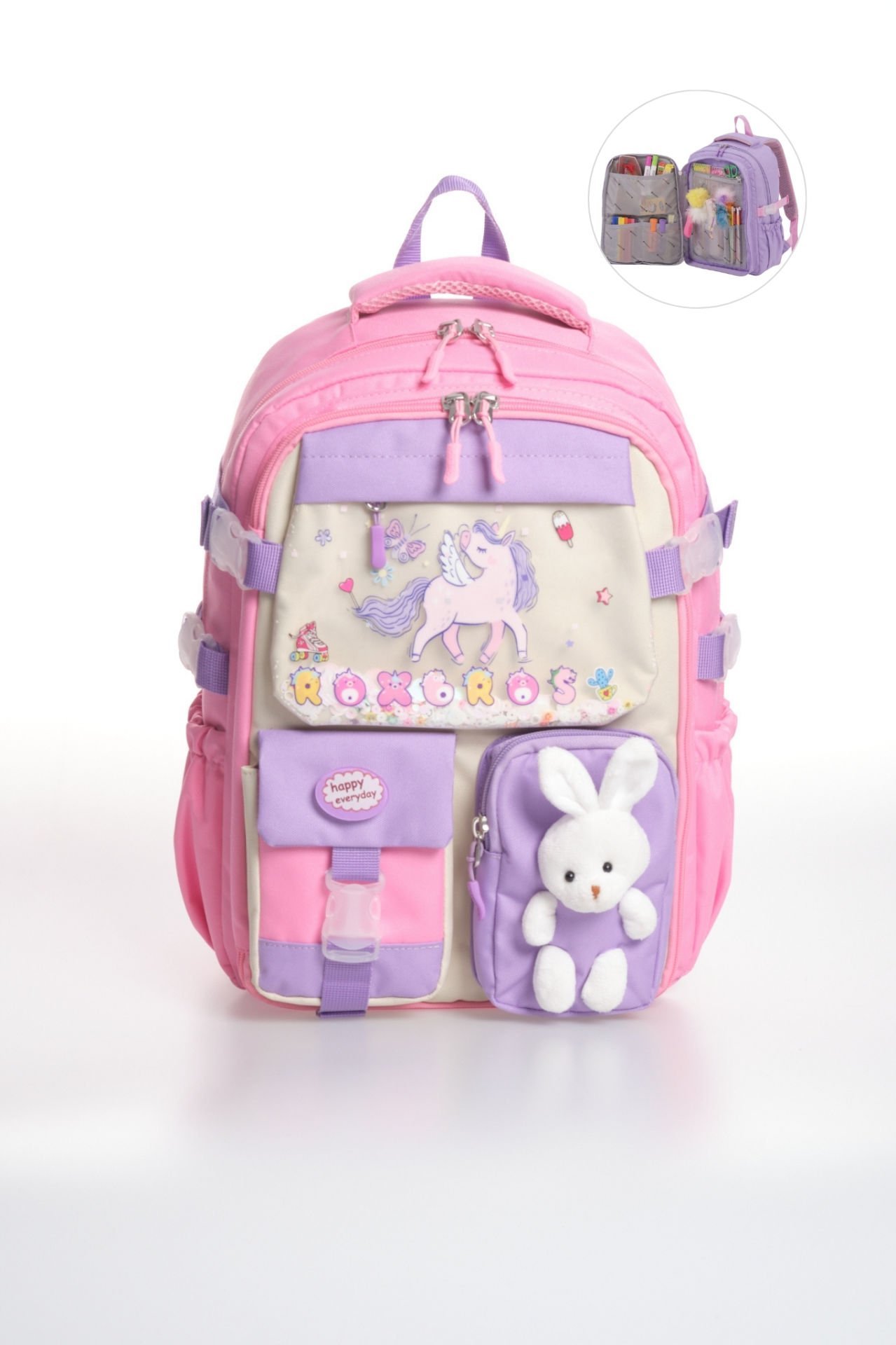 Roxbros Kore Tarzı Unicorn Figürlü Çok Bölmeli Ilkokul Sırt Çantası, Kız Çocuk Okul Çantası (PEMBE - LILA)