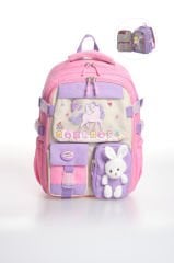 Roxbros Kore Tarzı Unicorn Figürlü Çok Bölmeli Ilkokul Sırt Çantası, Kız Çocuk Okul Çantası (PEMBE - LILA)