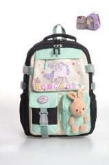 Roxbros Kore Tarzı Unicorn Figürlü Çok Bölmeli Ilkokul Sırt Çantası, Kız Çocuk Okul Çantası (SIYAH - SU YESILI)