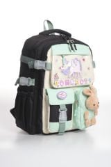 Roxbros Kore Tarzı Unicorn Figürlü Çok Bölmeli Ilkokul Sırt Çantası, Kız Çocuk Okul Çantası (SIYAH - SU YESILI)