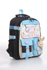 Roxbros Kore Tarzı Unicorn Figürlü Çok Bölmeli Ilkokul Sırt Çantası, Kız Çocuk Okul Çantası (SIYAH - TURKUAZ)