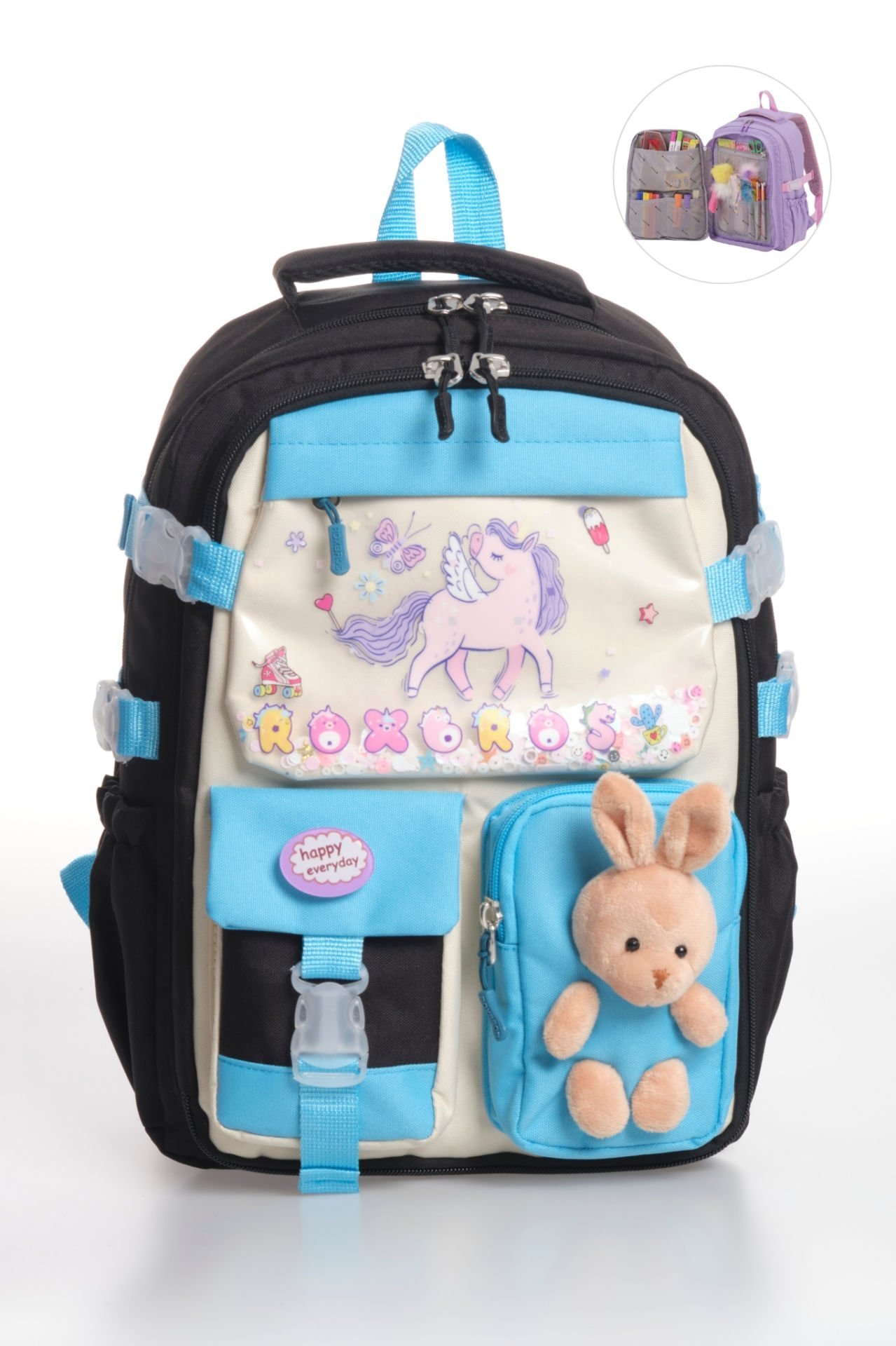 Roxbros Kore Tarzı Unicorn Figürlü Çok Bölmeli Ilkokul Sırt Çantası, Kız Çocuk Okul Çantası (SIYAH - TURKUAZ)
