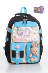 Roxbros Kore Tarzı Unicorn Figürlü Çok Bölmeli Ilkokul Sırt Çantası, Kız Çocuk Okul Çantası (SIYAH - TURKUAZ)