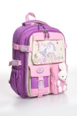 Roxbros Kore Tarzı Unicorn Figürlü Çok Bölmeli Ilkokul Sırt Çantası, Kız Çocuk Okul Çantası (MOR - PEMBE)
