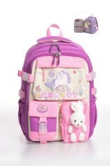 Roxbros Kore Tarzı Unicorn Figürlü Çok Bölmeli Ilkokul Sırt Çantası, Kız Çocuk Okul Çantası (MOR - PEMBE)