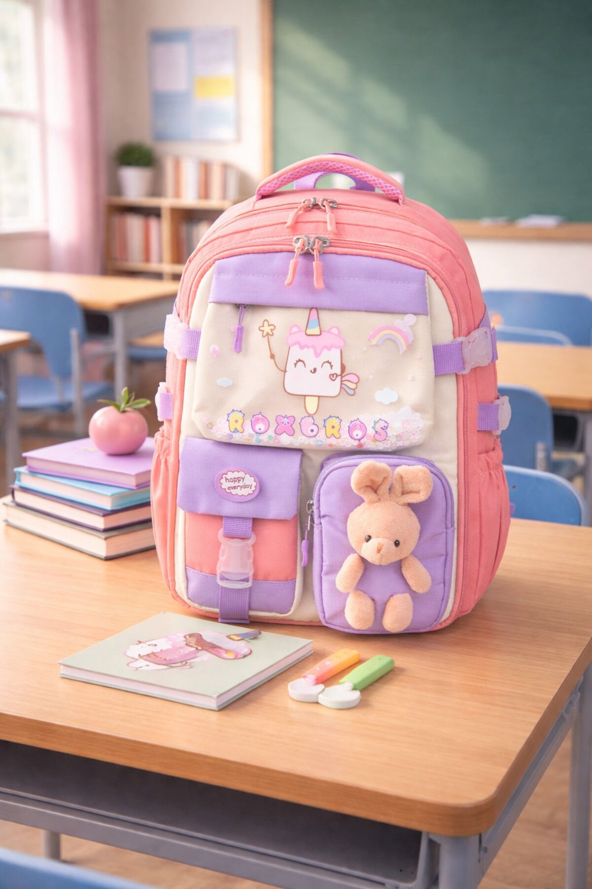 Kore Kawaii Tarzı Dondurma Desenli Çok Bölmeli Ilkokul Sırt Çantası, Kız Çocuk Okul Çantası