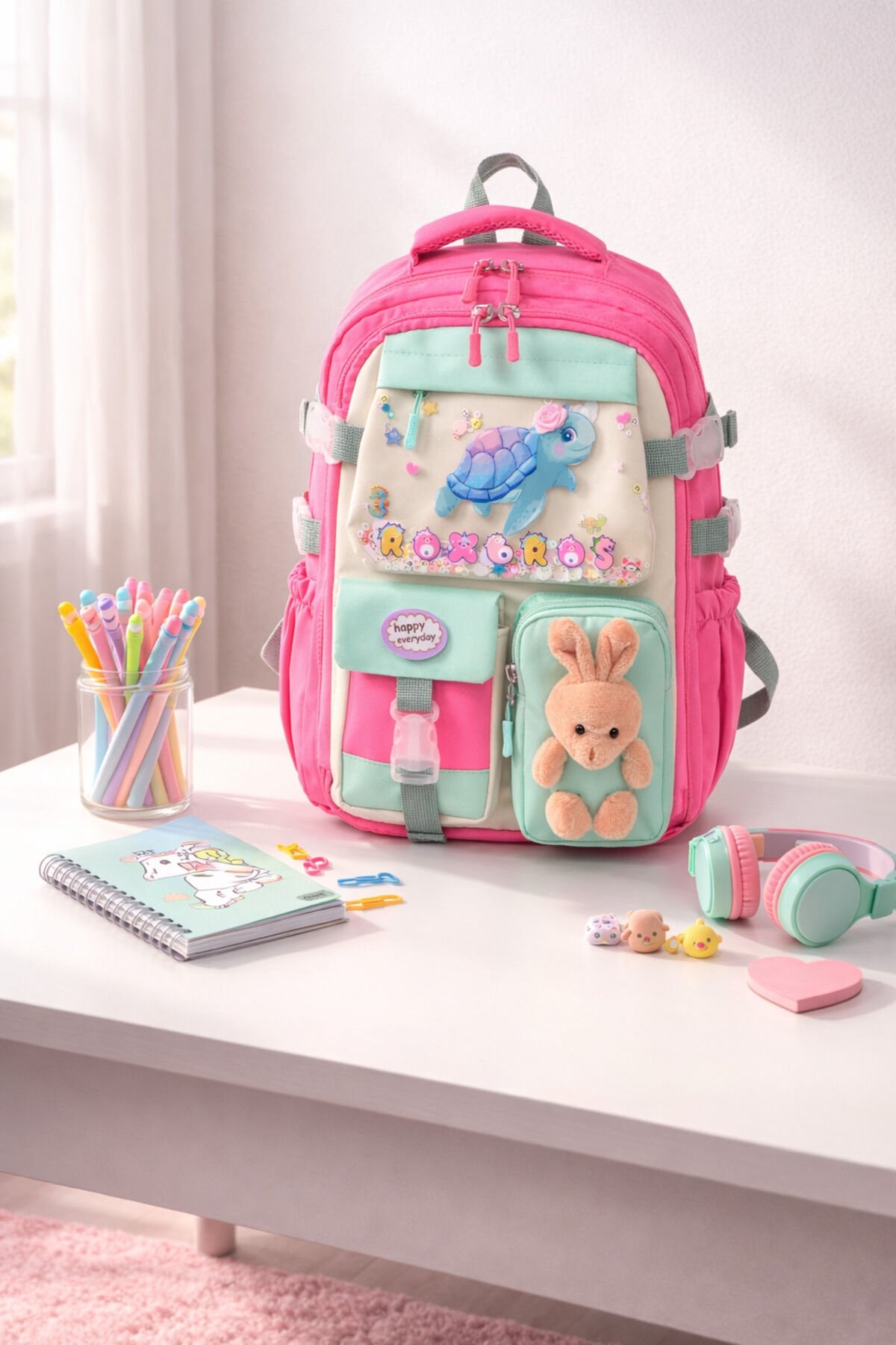 Sevimli Kaplumbağa Desenli Çok Bölmeli Kız Çocuk Okul Çantası - Ergonomik Ilkokul Sırt Çantası
