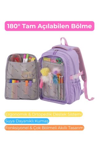 Kore Tarzı Unicorn Figürlü Çok Bölmeli Ilkokul Sırt Çantası, Kız Çocuk Okul Çantası