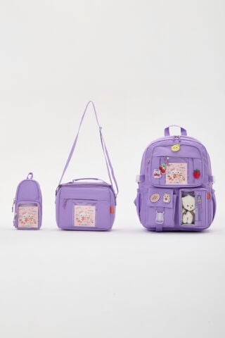 Roxbros Lisanslı Kore Tarzı Kawaii Aksesuarlı Kız Çocuk 3'lü İlkokul Çanta Seti Termal Beslenme Çantası + Kalemlik (LILA)