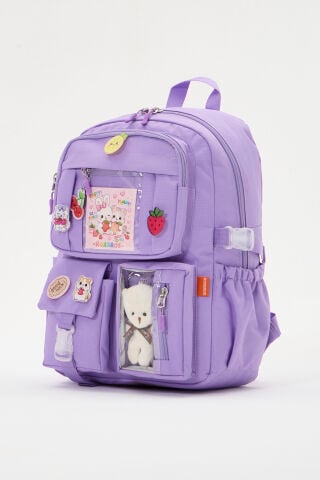 Roxbros Lisanslı Kore Tarzı Kawaii Aksesuarlı Kız Çocuk 3'lü İlkokul Çanta Seti Termal Beslenme Çantası + Kalemlik (LILA)
