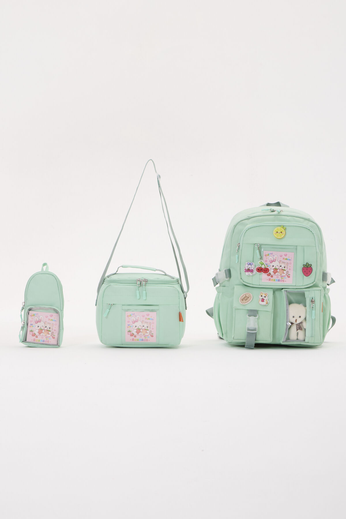 Roxbros Lisanslı Kore Tarzı Kawaii Aksesuarlı Kız Çocuk 3'lü İlkokul Çanta Seti Termal Beslenme Çantası + Kalemlik (YESIL)