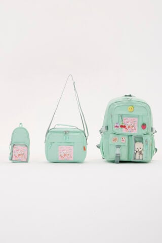 Roxbros Lisanslı Kore Tarzı Kawaii Aksesuarlı Kız Çocuk 3'lü İlkokul Çanta Seti Termal Beslenme Çantası + Kalemlik (YESIL)
