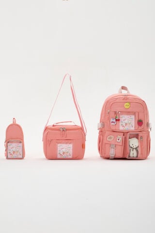 Roxbros Lisanslı Kore Tarzı Kawaii Aksesuarlı Kız Çocuk 3'lü İlkokul Çanta Seti Termal Beslenme Çantası + Kalemlik (PUDRA)