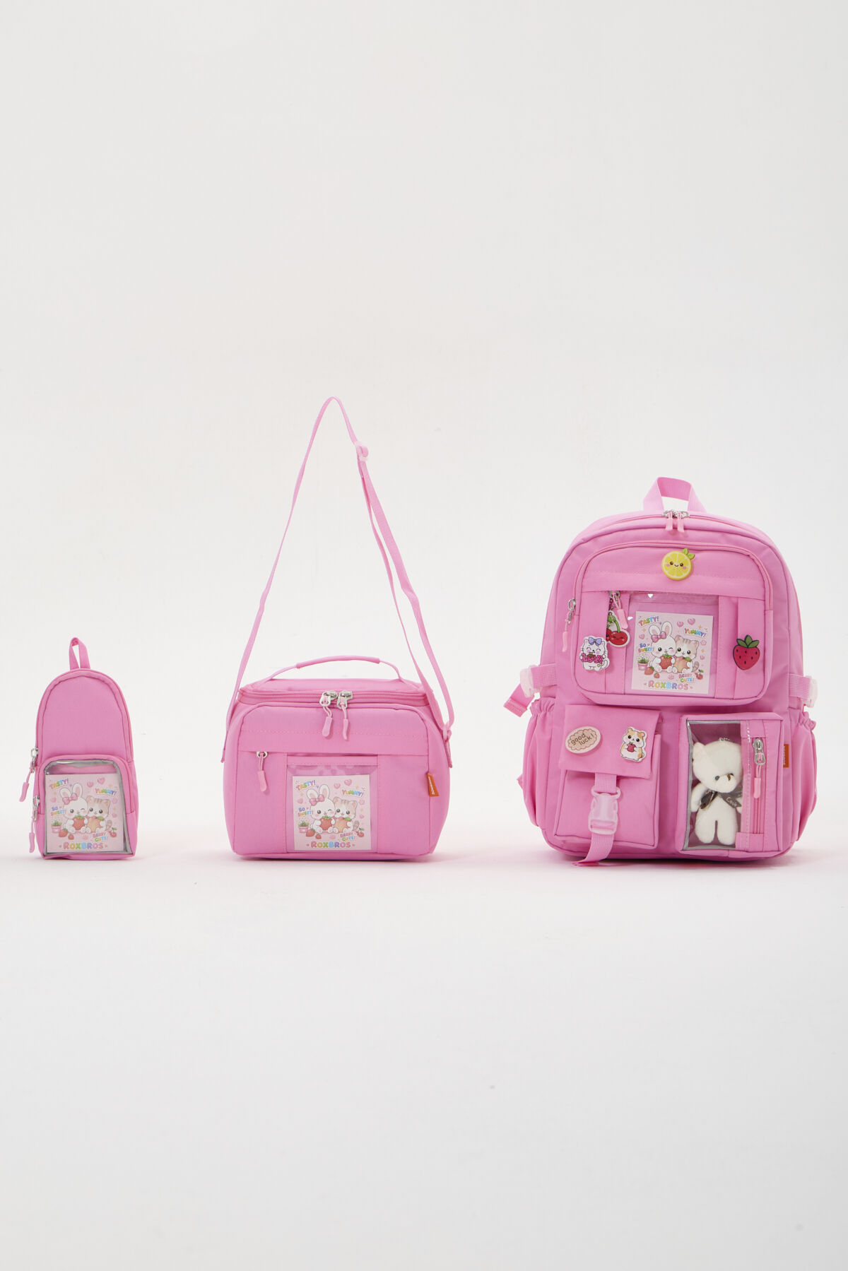 Roxbros Lisanslı Kore Tarzı Kawaii Aksesuarlı Kız Çocuk 3'lü İlkokul Çanta Seti Termal Beslenme Çantası + Kalemlik (PEMBE)