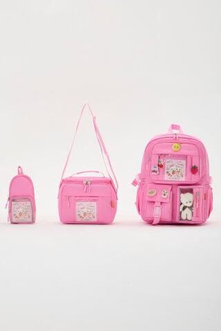 Roxbros Lisanslı Kore Tarzı Kawaii Aksesuarlı Kız Çocuk 3'lü İlkokul Çanta Seti Termal Beslenme Çantası + Kalemlik (PEMBE)