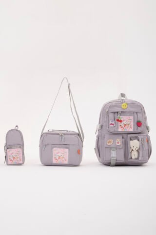 Roxbros Lisanslı Kore Tarzı Kawaii Aksesuarlı Kız Çocuk 3'lü İlkokul Çanta Seti Termal Beslenme Çantası + Kalemlik (GRI)