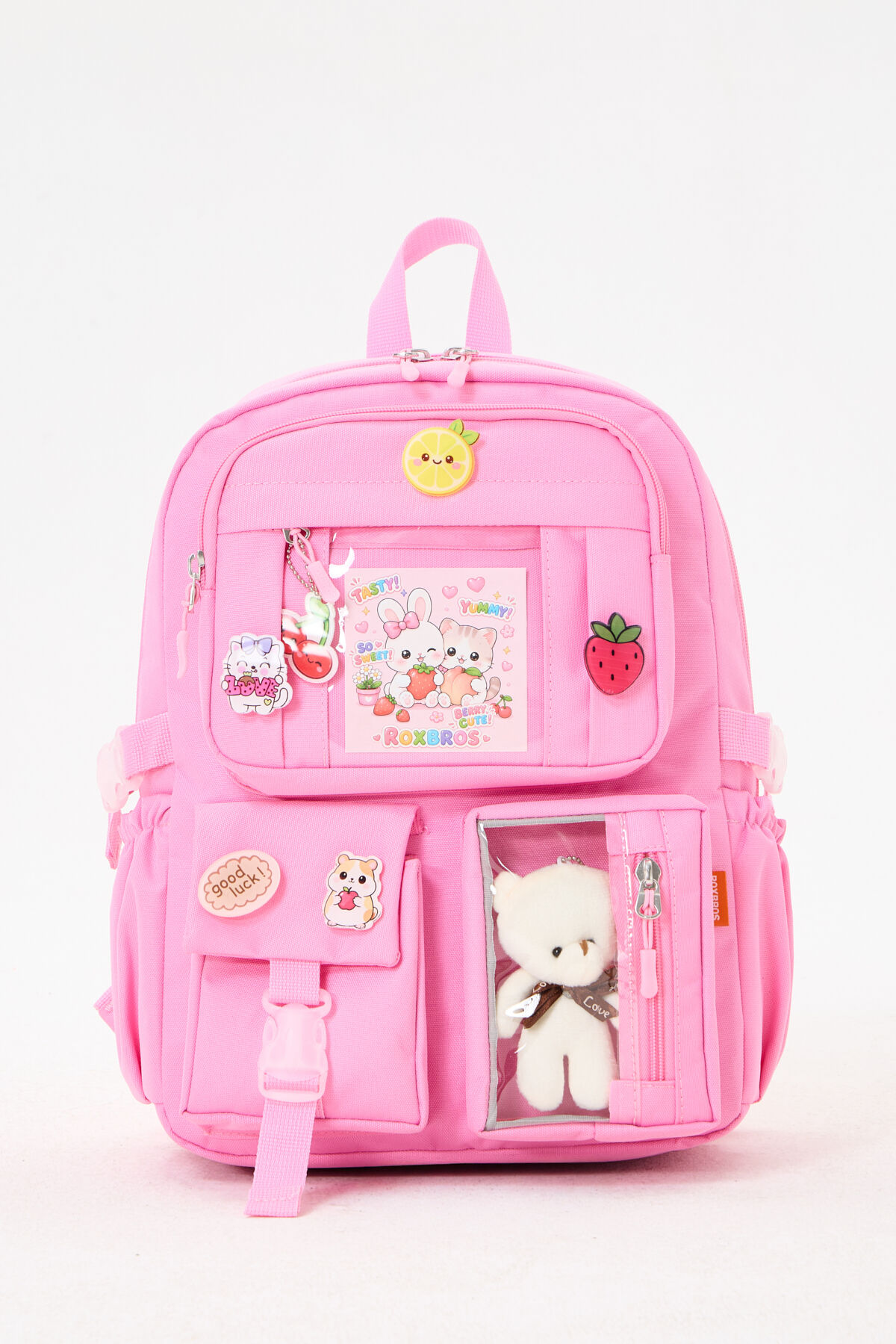 Roxbros Lisanslı Kore Tarzı Kawaii Aksesuarlı Kız Çocuk İlkokul Çantası + Ayıcıklı Okul Çantası (PEMBE)