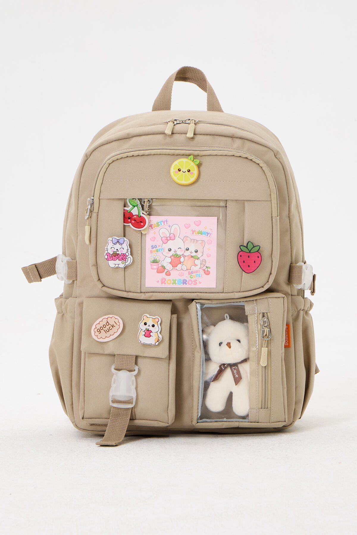 Roxbros Kawaii Kore Tarzı Kız Çocuk Okul Çantası Bej - Ön Görünüm