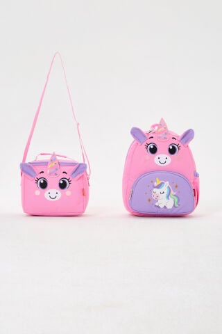 Roxbros Lisanslı Unicorn Figürlü Pembe Kız Çocuk Anaokulu Sırt Çantası ve Isı Yalıtımlı Beslenme Çantası Seti