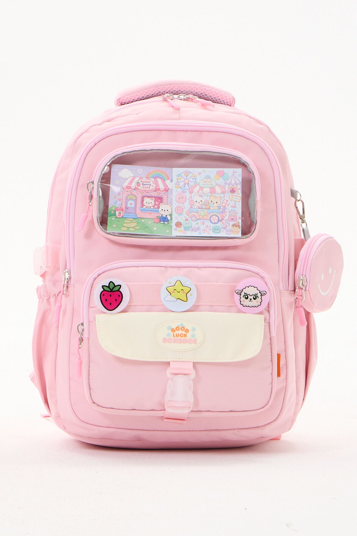 Roxbros Pembe Kız Çocuk İlkokul Okul Çantası Kawaii Çok Bölmeli Rozetli Sırt Çantası