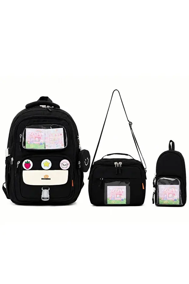 Roxbros Kawaii 3'lü İlkokul Okul Çantası Seti Siyah Kız Çocuk Beslenme Çantalı Kalemlikli