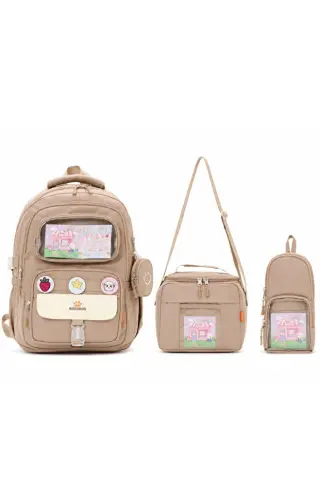 Roxbros Kawaii 3'lü İlkokul Okul Çantası Seti Bej Kız Çocuk Beslenme Çantalı Kalemlikli