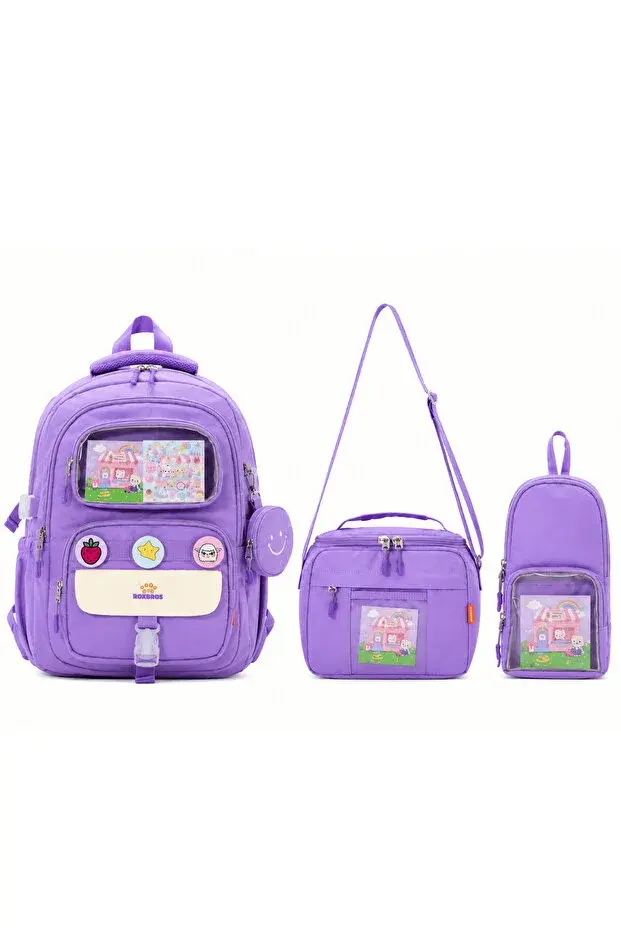 Roxbros Kawaii 3'lü İlkokul Okul Çantası Seti Lila Kız Çocuk Beslenme Çantalı Kalemlikli