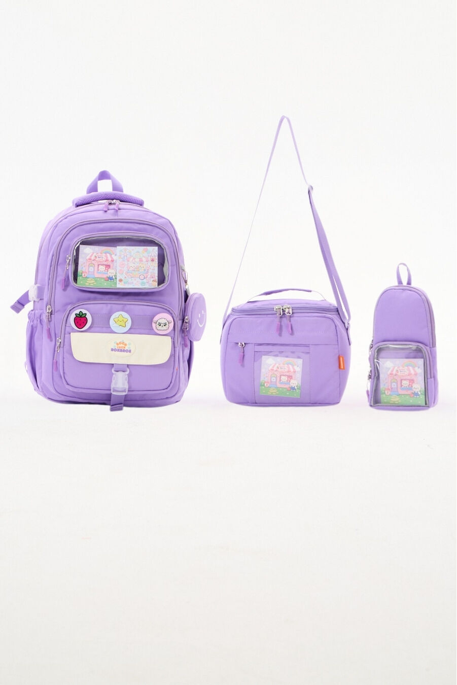 Roxbros Kawaii 3'lü İlkokul Okul Çantası Seti Lila Kız Çocuk Beslenme Çantalı Kalemlikli