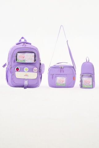 Roxbros Kawaii 3'lü İlkokul Okul Çantası Seti Lila Kız Çocuk Beslenme Çantalı Kalemlikli
