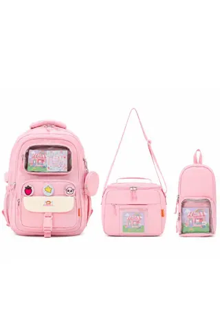 Roxbros Kawaii 3'lü İlkokul Okul Çantası Seti Pembe Kız Çocuk Beslenme Çantalı Kalemlikli