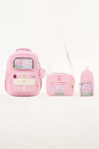Roxbros Kawaii 3'lü İlkokul Okul Çantası Seti Pembe Kız Çocuk Beslenme Çantalı Kalemlikli