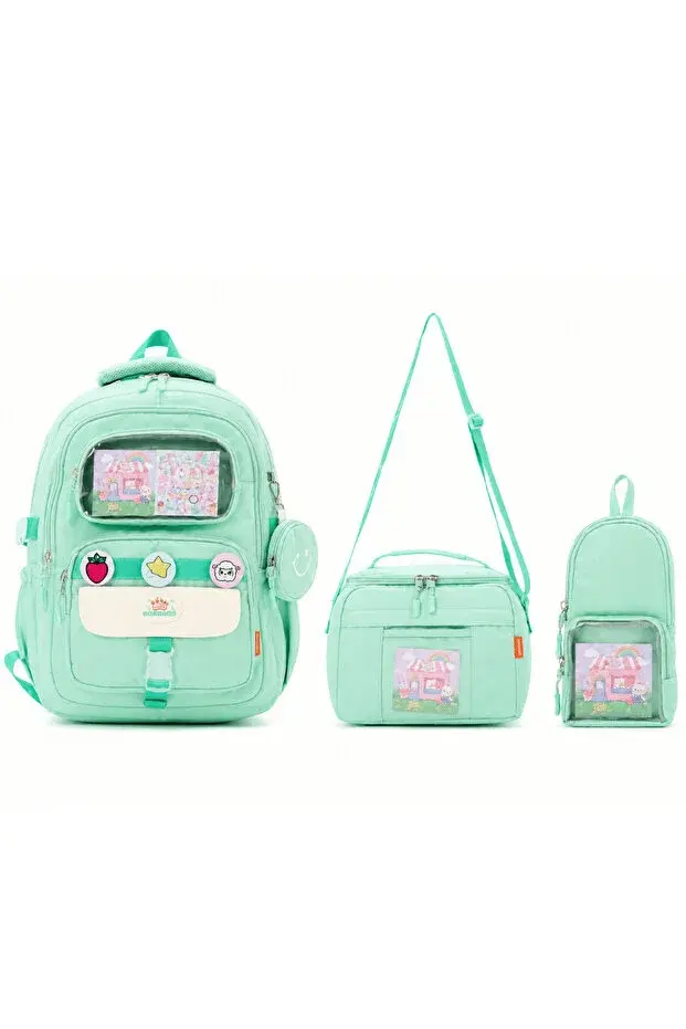 Roxbros Kawaii 3'lü İlkokul Okul Çantası Seti Mint Kız Çocuk Beslenme Çantalı Kalemlikli