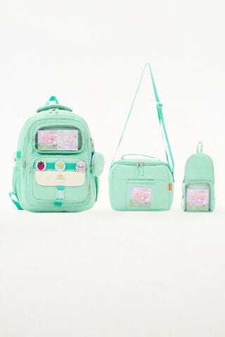 Roxbros Kawaii 3'lü İlkokul Okul Çantası Seti Mint Kız Çocuk Beslenme Çantalı Kalemlikli