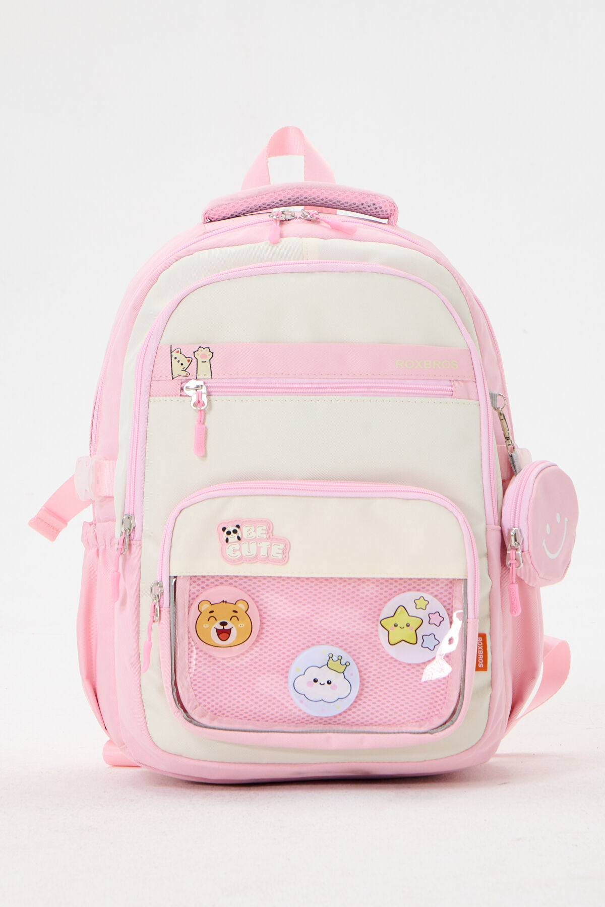 Roxbros Kore Tarzı Be Cute Şeffaf Rozetli Pembe Kız & Erkek Çocuk İlkokul Ortaokul Okul Çantası
