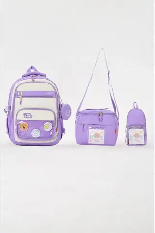 Roxbros Kawaii Kore Tarzı Aksesuarlı 3'lü Set Lila Kız Çocuk Okul Çantası İlkokul Sırt Çantası Beslenme Çantası Kalemlik