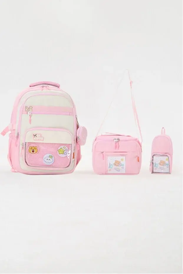 Roxbros Kawaii Kore Tarzı Aksesuarlı 3'lü Set Pembe Kız Çocuk İlkokul Sırt Çantası Beslenme Çantası Kalemlik