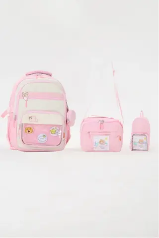 Roxbros Kawaii Kore Tarzı Aksesuarlı 3'lü Set Pembe Kız Çocuk İlkokul Sırt Çantası Beslenme Çantası Kalemlik