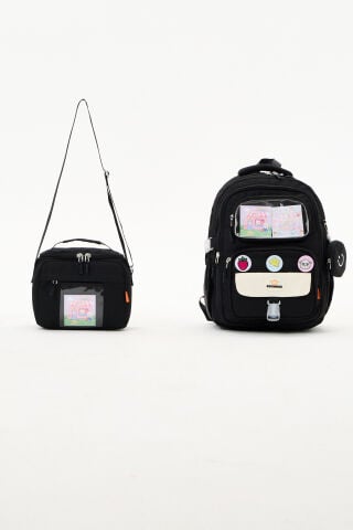 Roxbros Kawaii Siyah Kız Çocuk & Erkek Çocuk İlkokul Sırt Çantası ve Isı Yalıtımlı Beslenme Çantası