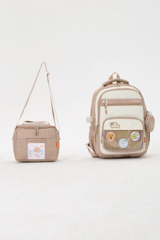 Roxbros Kawaii Bej Kız Çocuk & Erkek Çocuk İlkokul Sırt Çantası ve Isı Yalıtımlı Beslenme Çantası