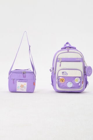 Roxbros Kawaii Lila Kız Çocuk & Erkek Çocuk İlkokul Sırt Çantası ve Isı Yalıtımlı Beslenme Çantası
