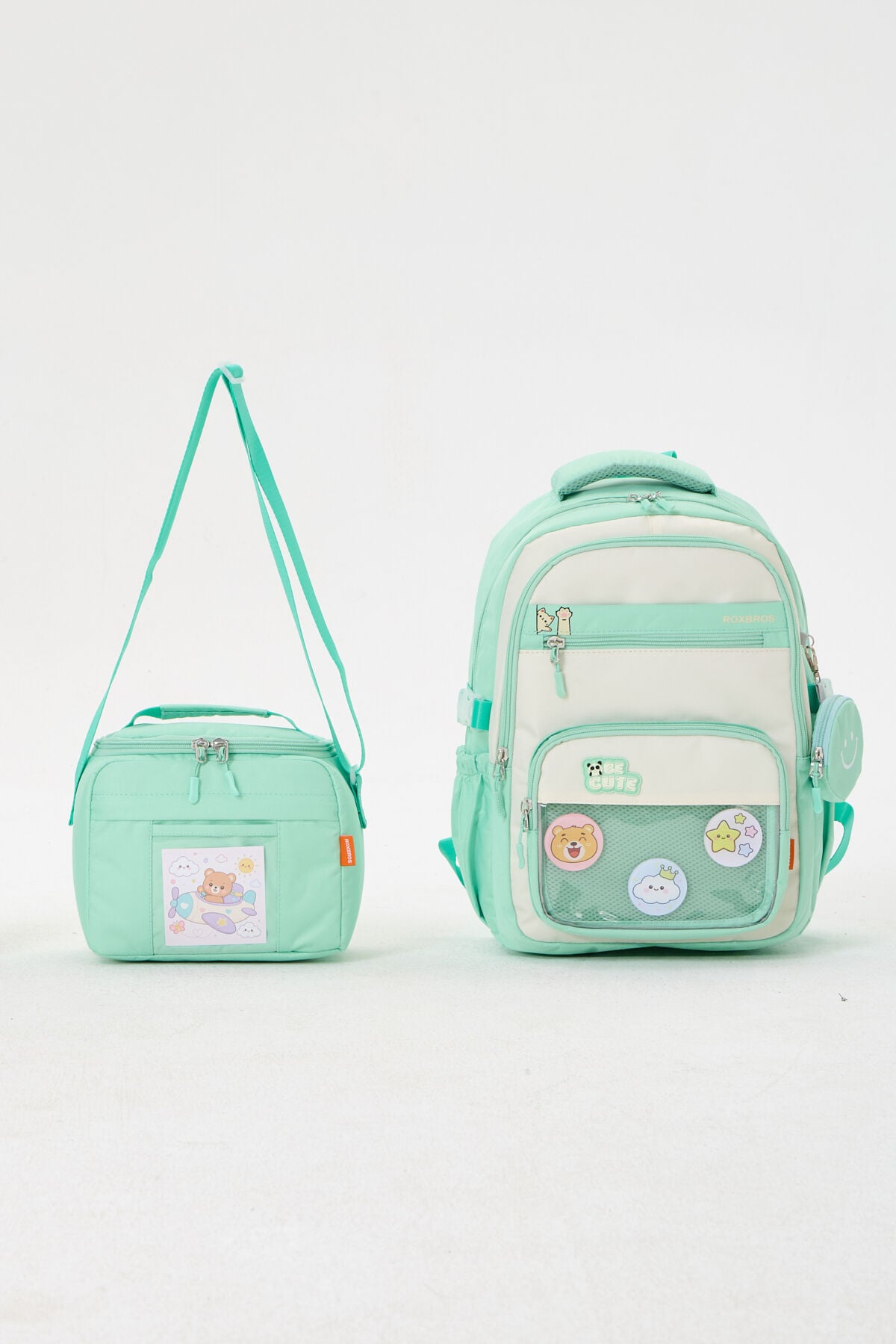Roxbros Kawaii Mint Kız Çocuk & Erkek Çocuk İlkokul Sırt Çantası ve Isı Yalıtımlı Beslenme Çantası