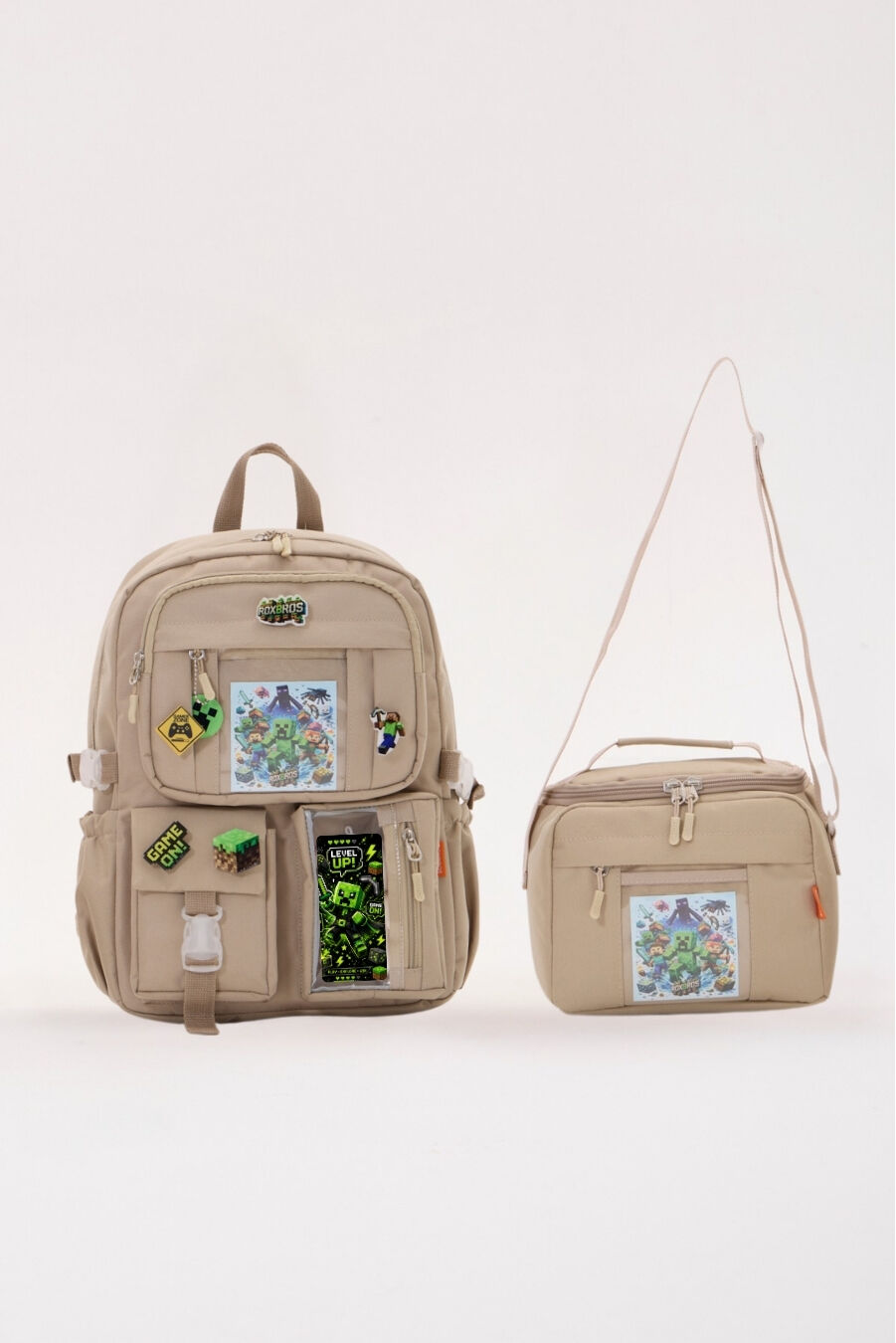 Kore Tarzı Minecraft Temalı Aksesuarlı Erkek Çocuk İlkokul Ortaokul Sırt Çantası ve Isı Yalıtımlı Termal Beslenme Çantası 2'li Set (Bej)