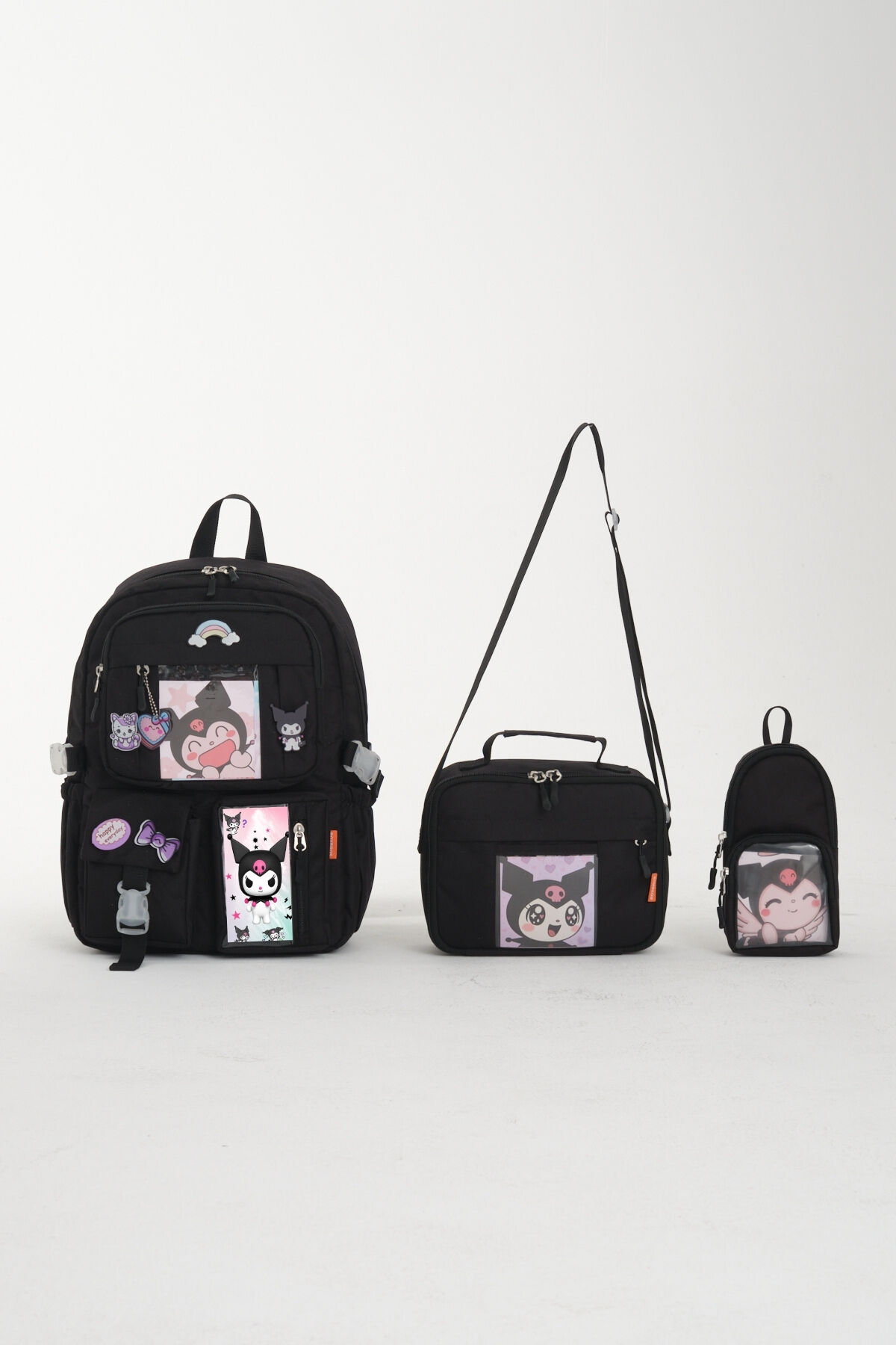 Kawaii Kore Tarzı Kuromi Okul Çantası, Termal Beslenme ve Kalemlikli İlkokul Sırt Çantası Set (Siyah)